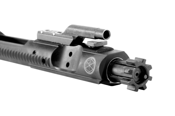 alt="Sionics black phosphate bolt carrier group shown closeup with sionics logo and gas key and bolt"