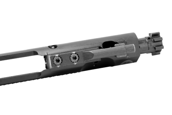 alt="Sionics black phosphate bolt carrier group with closeup of Optimized Carrier Key Screws holding the Gas Key in place"